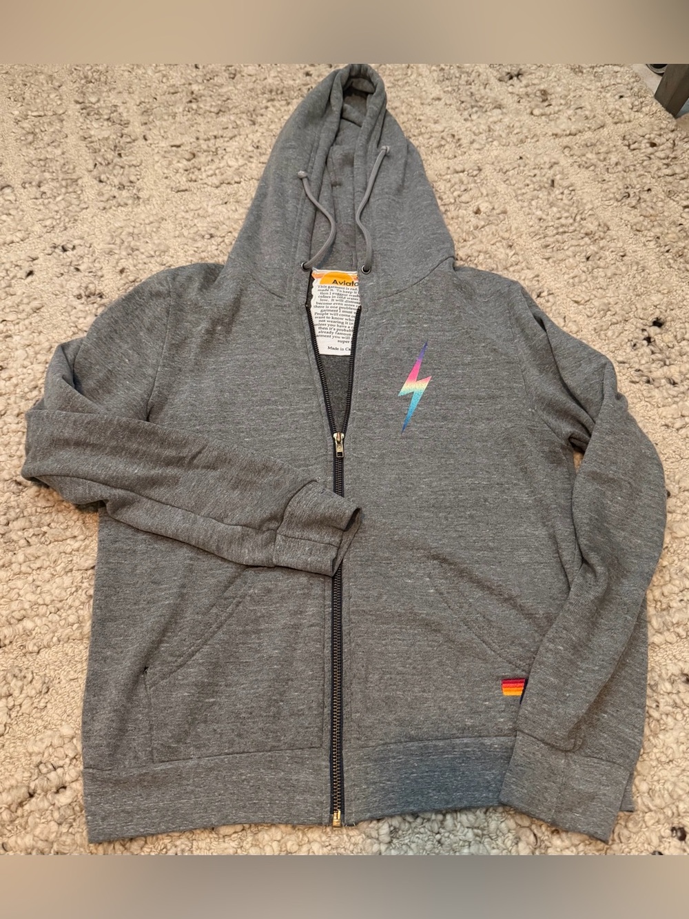 Aviator Nation Gray Zip Hoodie with Rainbow Lightning Bolt